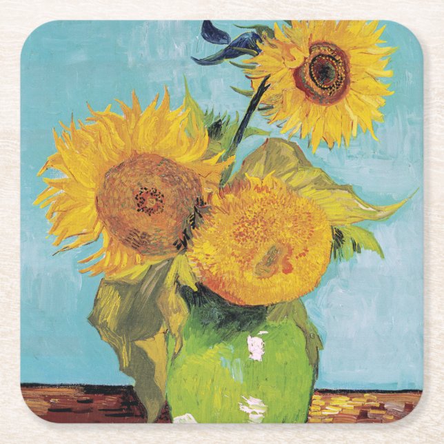 Vincent Van Gogh - Three Sunflowers in a Vase Square Paper Coaster (Front)