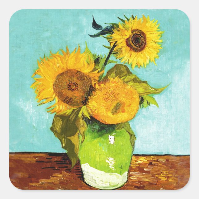Vincent Van Gogh Three Sunflowers In A Vase Square Sticker (Front)