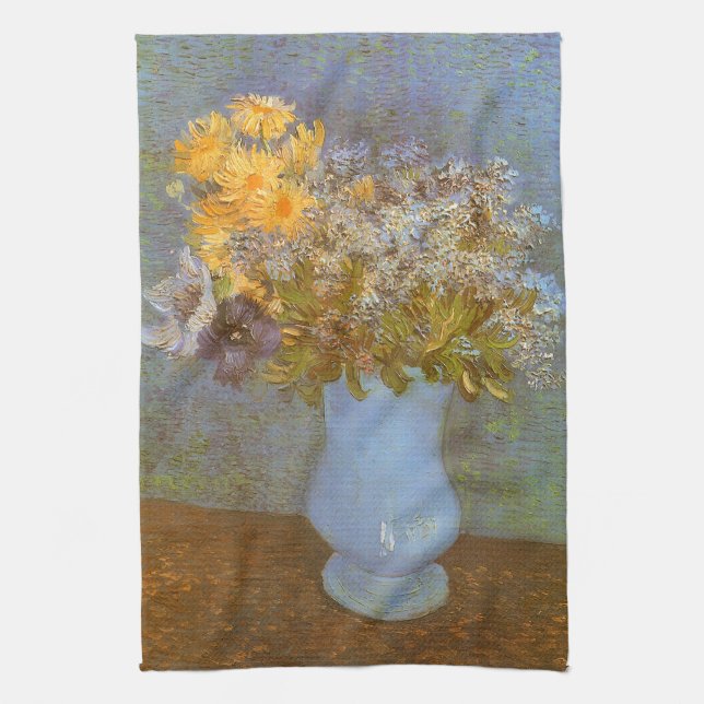 Vincent van Gogh Vase of Lilacs, Daisies, Anemones Tea Towel (Vertical)