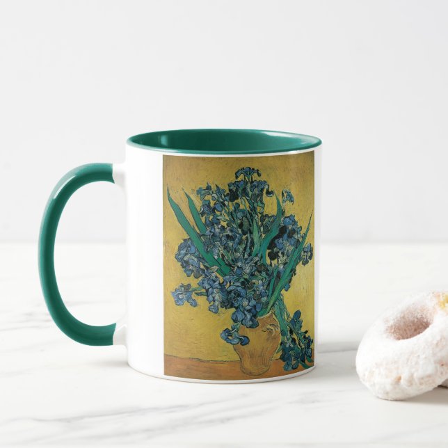 Vincent van Gogh - Vase w Irises Yellow Background Mug (With Donut)