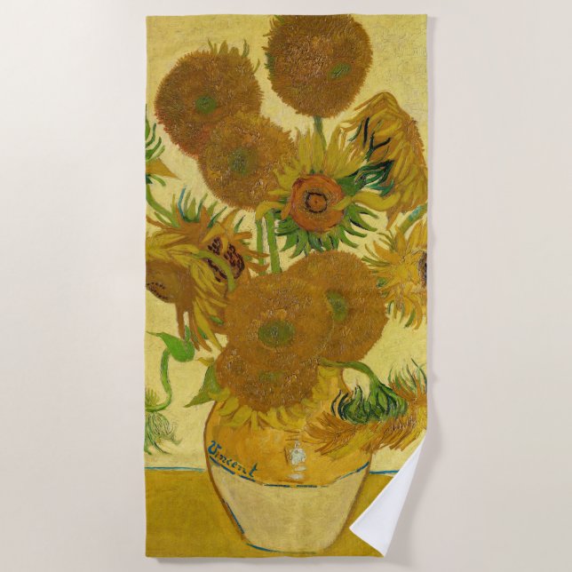 Vincent van Gogh - Vase with Fifteen Sunflowers Beach Towel (Front)