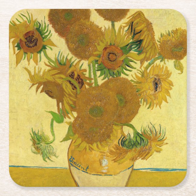 Vincent van Gogh - Vase with Fifteen Sunflowers Square Paper Coaster (Front)