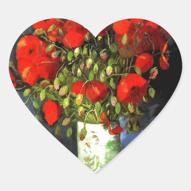 Vincent Van Gogh Vase With Red Poppies Floral Art Heart Sticker (Front)