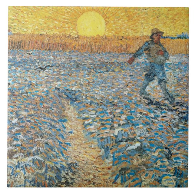 Vincent Van Gogh Vintage Sower at Sunset Canvas Ceramic Tile (Front)