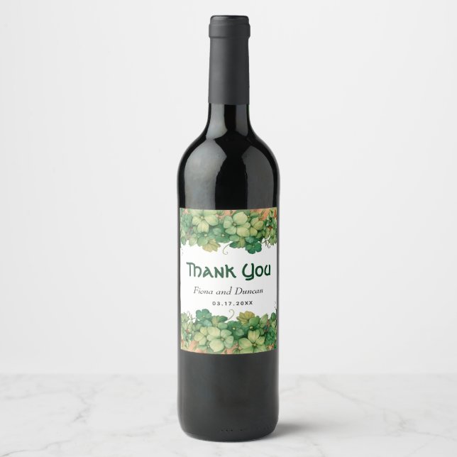 Vine and wood St. Patricks Day Thank you wedding Wine Label (Front)