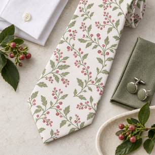 Vine & Berry Christmas Pattern Sage Cran ID1337 Tie