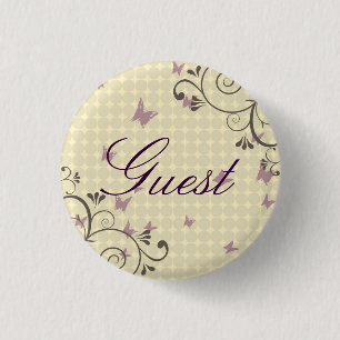 Vine & Butterfly Design Party Guest Button Cream
