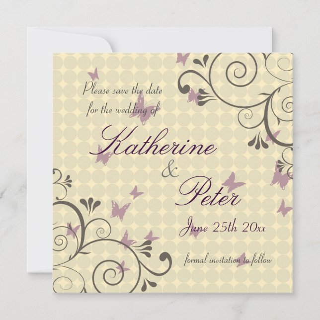 Vine & Butterfly  Save The Date Invitation Cream (Front)