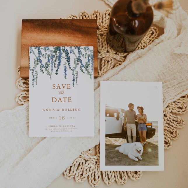 Vine Greenery Blue Floral Wedding Save The Date (Creator Uploaded)