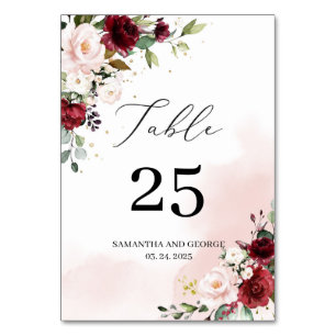 Vine merlot burgundy blush pink floral wedding table number
