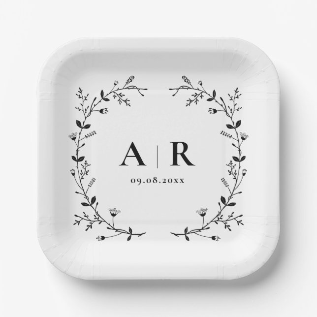 Vine Scroll Wedding Monogram, Couple's Initials Paper Plate (Front)