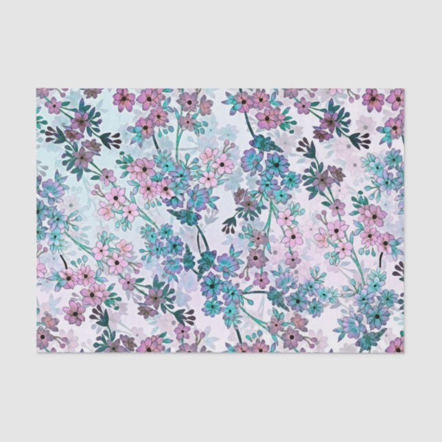 Vines of Teal and Pink Delicate Flowers Tissue Paper (Front)