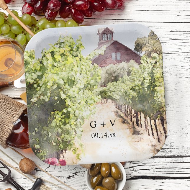 Vineyard and Red Barn Watercolor Wedding Paper Plate (Perfect inspo for your casual vineyard or winery bridal shower or marriage reception.)