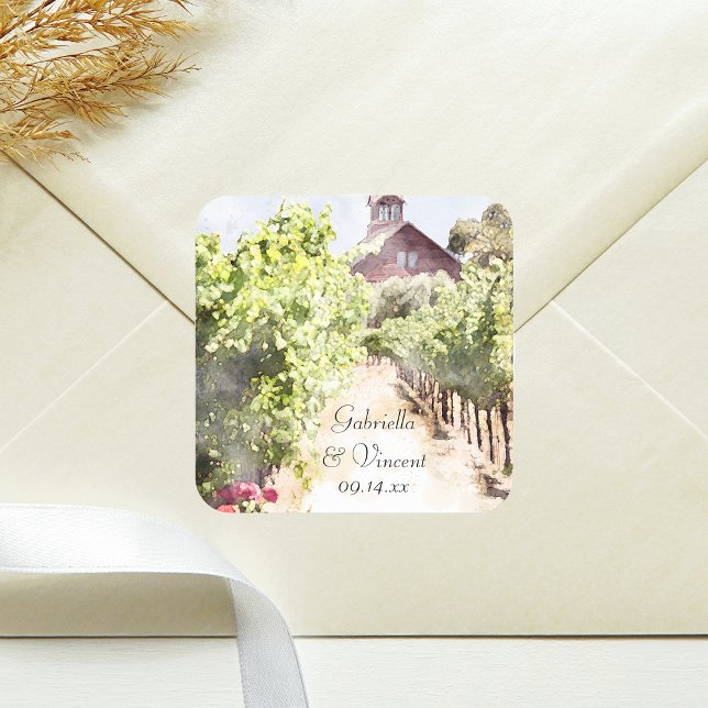 Vineyard and Red Barn Watercolor Wedding Square Sticker (Complete your wedding stationery look with this rustic Vineyard and Red Barn Envelope Seal.)