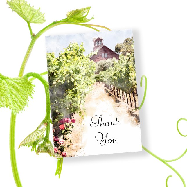 Vineyard and Red Barn Watercolor Wedding Thank You Card (Say thanks after your winery wedding or shower with the Vineyard and Red Barn Thank You Note Card.)