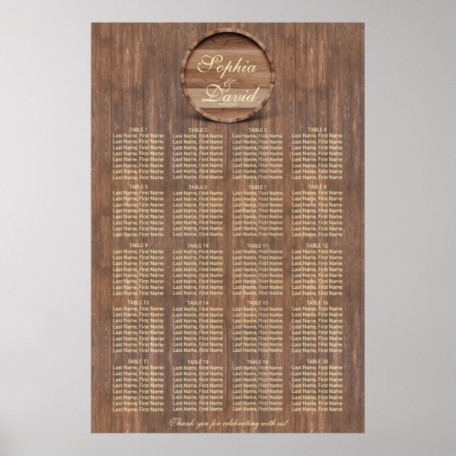 Vineyard Barrel Wedding Seating Chart 160 guests (Front)