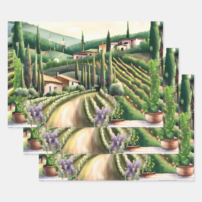 Vineyard decoupage - Tuscan wine farm landscape Wrapping Paper Sheet (Set)