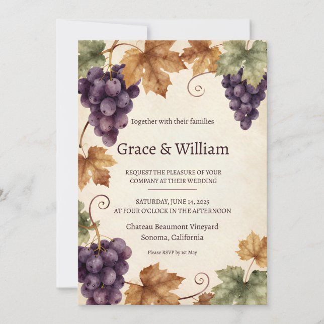 Vineyard Grape Harvest Rustic Wedding Invitation (Front)