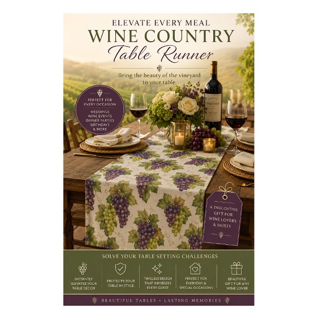 Vineyard Grapes Table Runner – Wine Entertaining (Create a warm, inviting table with this elegant wine country table runner featuring rich grapevines)