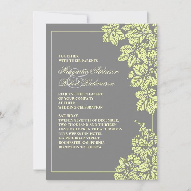 vineyard or garden grey & yellow wedding invites (Front)