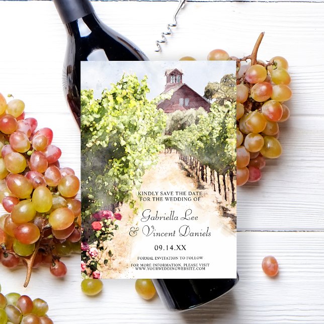 Vineyard Red Barn Watercolor Wedding Save the Date Invitation (Set the tone for your winery marriage with the rustic Vineyard and Barn Watercolor Save the Date.)