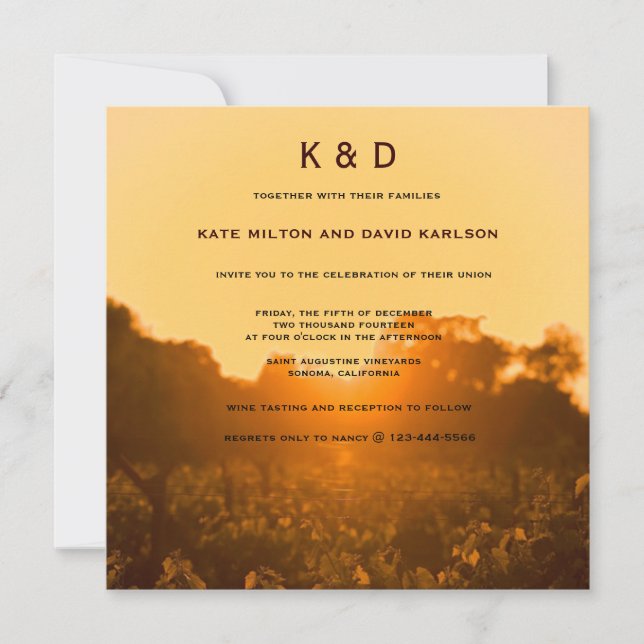 Vineyard Sunset Winery Monogram Wedding Invitation (Front)