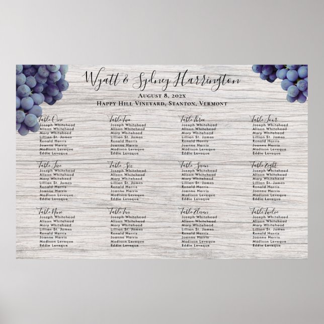 Vineyard Wedding Grapes Light Wood Seating Chart (Front)
