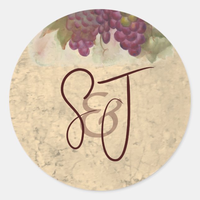 Vineyard Wedding Monogram Personalised Initials Classic Round Sticker (Front)