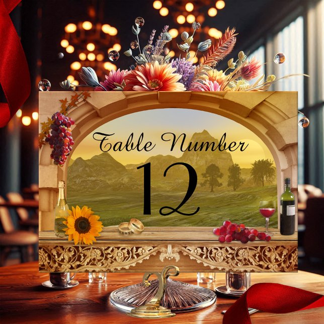 Vineyard Wedding Table Number Card (Festive wedding table number card with a classic Italian scene with a wine theme and a sunflower)