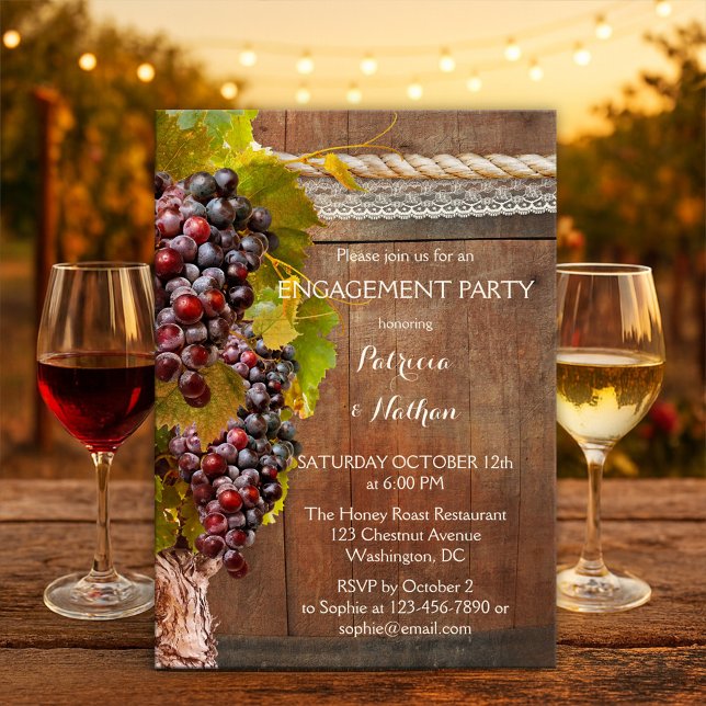 Vineyard Wine Themed Engagement Invitation (Engagement party invitation featuring grapevines with lace and rope on a rustic wood wine barrel)