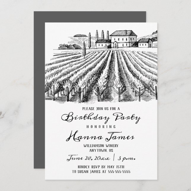 Vineyard Winery Rustic Sketch Birthday Party Invitation (Front/Back)