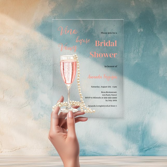 Vino befor Vows pink clear Bridal Shower Acrylic Invitations (Creator Uploaded)