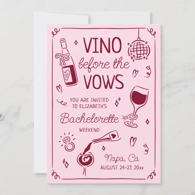 Vino Before the Vows Pink & Wine Red Bachelorette Invitation (Front)