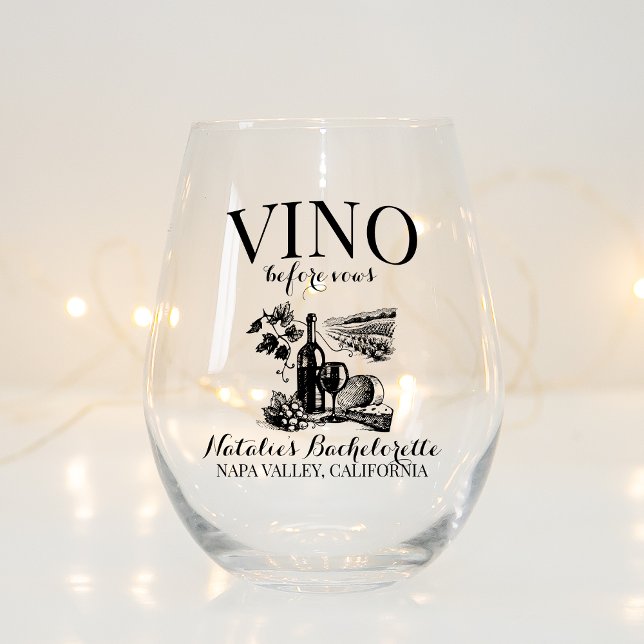 Vino Before Vows Bach Custom Winery Bachelorette Stemless Wine Glass (Creator Uploaded)