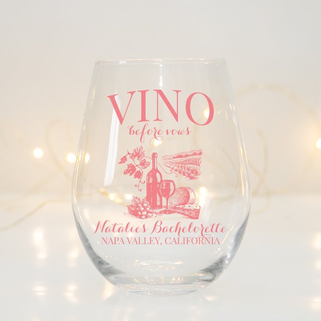 Vino Before Vows Bach Custom Winery Bachelorette Stemless Wine Glass (Creator Uploaded)