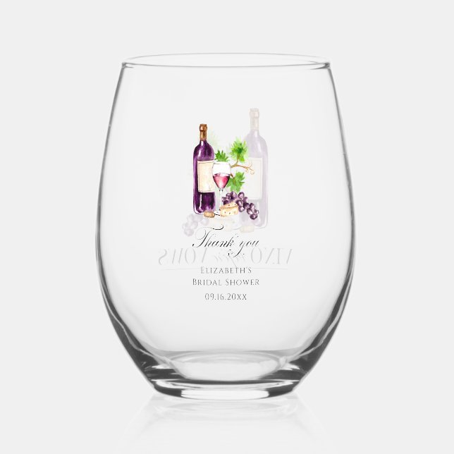 Vino Before Vows Bridal Shower Custom Favor Stemless Wine Glass (Front)