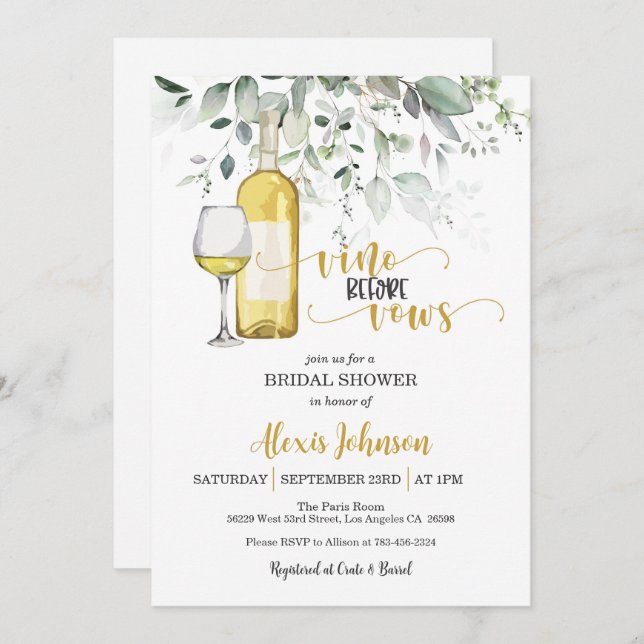 Vino Before Vows Bridal Shower (White)  Invitation (Front/Back)
