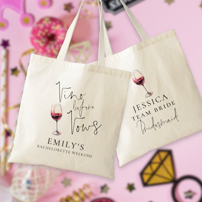 Vino Before Vows Bridesmaid Bachelorette Party Tote Bag (Front and back view)