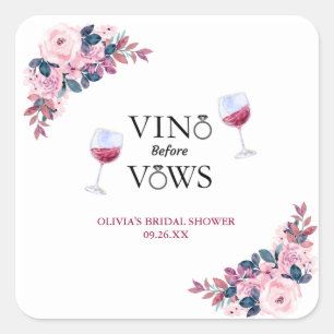 Vino Before Vows Floral Bridal Shower  Square Sticker