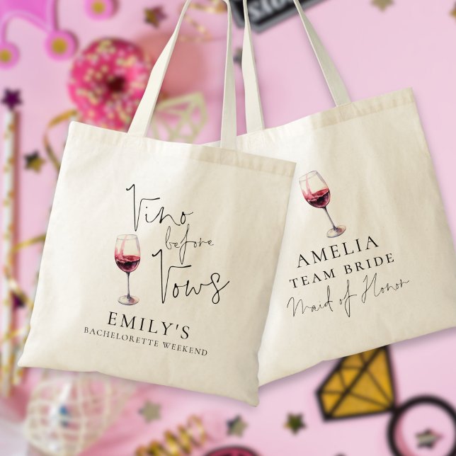 Vino Before Vows Maid of Honour Bachelorette Party Tote Bag (Front and back view)