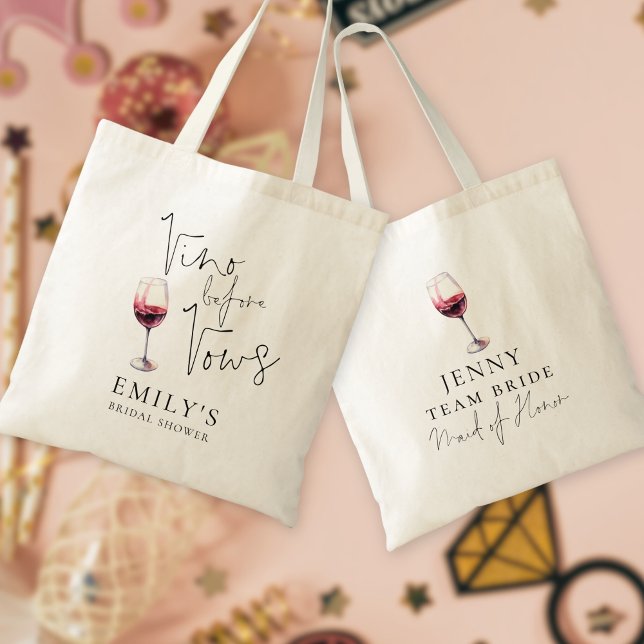Vino Before Vows Maid of Honour Name Bridal Shower Tote Bag (Front and back view)