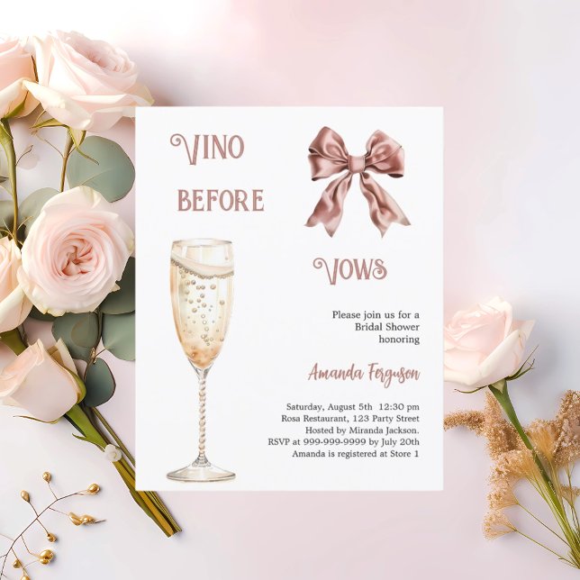 Vino before vows pink bow Bridal Shower invitation (Creator Uploaded)