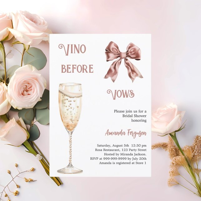 Vino before vows pink bow Bridal Shower Invitation (Creator Uploaded)