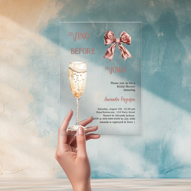 Vino before vows pink bow clear Bridal Shower Acrylic Invitations (Creator Uploaded)