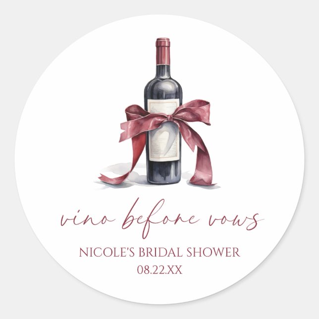 Vino Before Vows Red Wine Bottle Bow Bridal Shower Classic Round Sticker (Front)