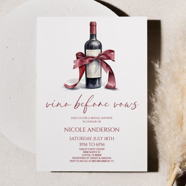 Vino Before Vows Red Wine Bottle Bow Bridal Shower Invitation (Creator Uploaded)