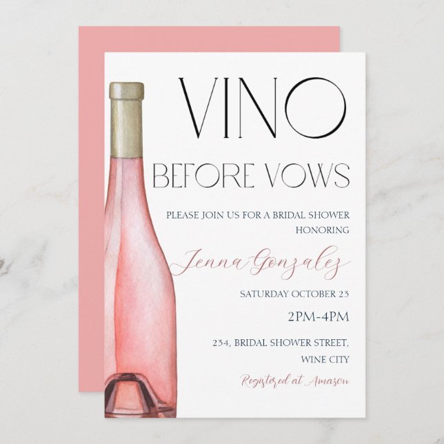 Vino Before Vows Rose Pink Wine Bridal Shower Invitation (Front/Back)