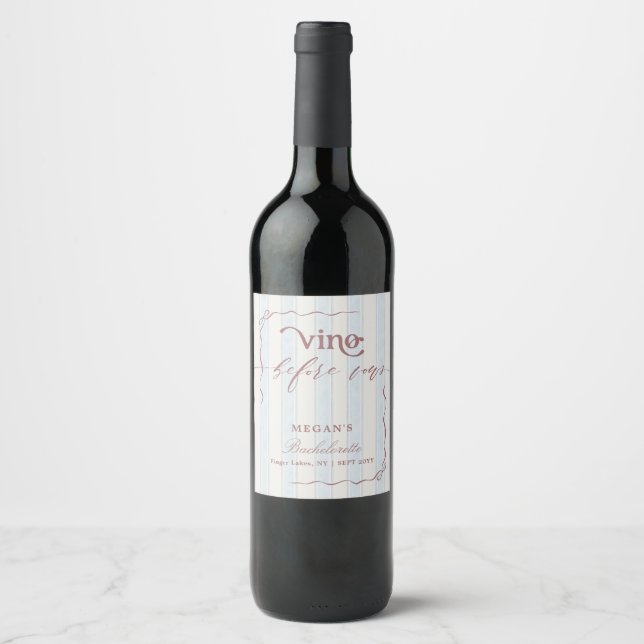 Vino before Vows Script Bachelorette Party Wine Label (Front)