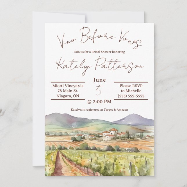 Vino Before Vows, Vineyard Bridal Shower Invitation (Front)