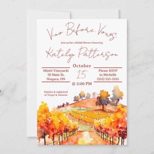 Vino Before Vows, Vineyard Bridal Shower Invitation (Front)